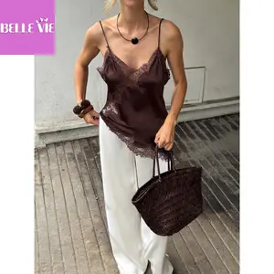 Women Satin Lace Camisole Top Sleeveless Spaghetti Strap Silk Lace Trim Cami Top Asymmetrical Tank Top Streewear