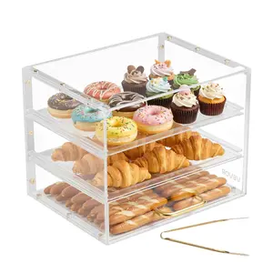 Bakery Display Case, Three-Tier Countertop Pastry Display Case, Clear Acrylic Bread Box For Kitchen Organization, Party Cake Cabinet With Flip-Up Door For Cookies, Desserts, Donuts, Display Tray, 13 X 10.2 X 10.2 Inches