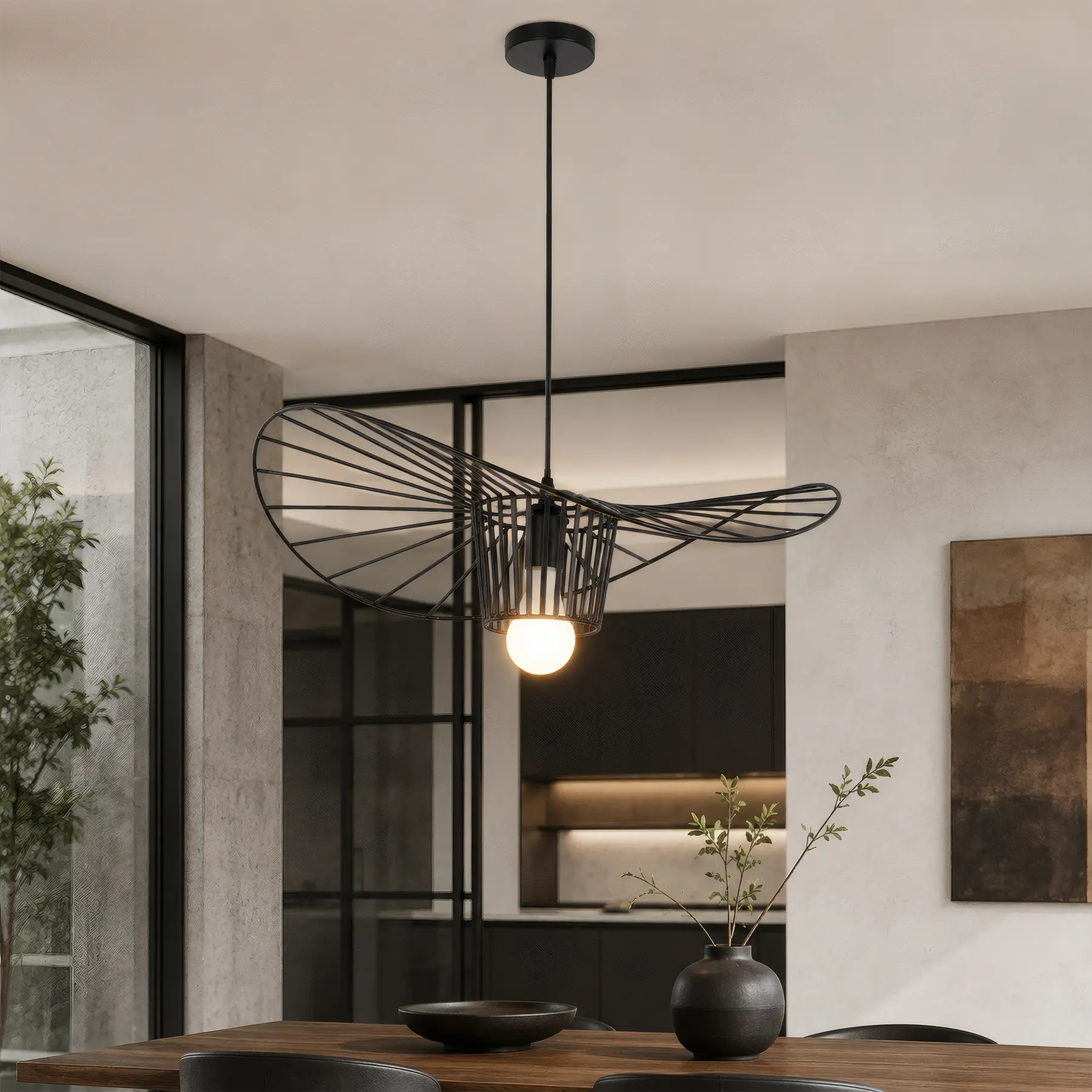 23.6 Inch Black Wing Shape Wrought Iron Pendant Light, Industrial Open Wire Cage Hanging Lamp, E26 Warm LED Ceiling Fixture for Dining Table Kitchen Island Cafe Bar