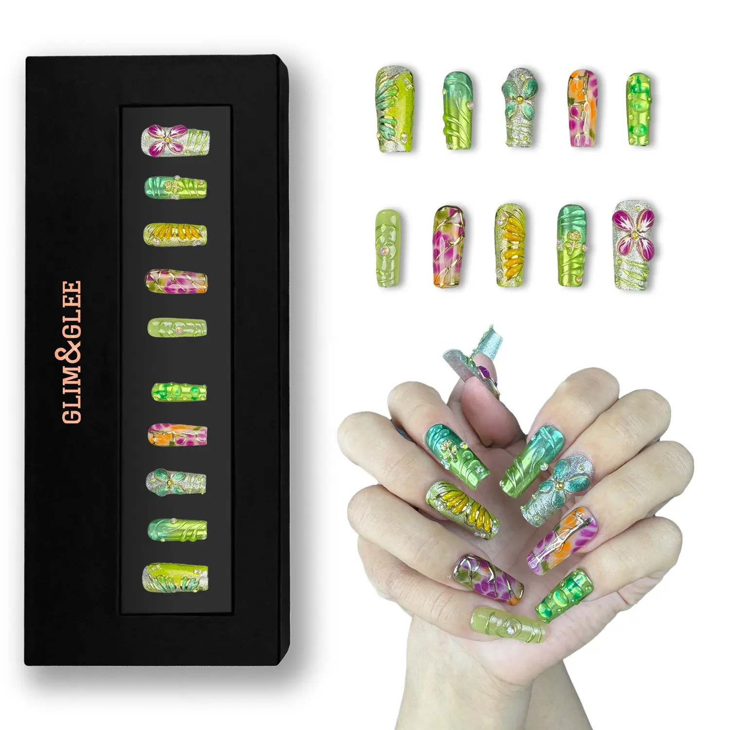 Glim&Glee Handmade Anti-Wrinkle Acrylic Press-On Nails Colorful Floral & Butterfly 3D Long Coffin Fake Nails Reusable Artificial Nails in Black Gift Box for Women Girls