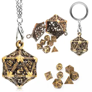 Mini DND Dice Metal 7 Set Mini Dice Necklace, D20 Necklace and Keychain Portable and Dragon Eye Bag for Dungeons & Dragons Dice(Mini bronzing), Gifts for Her Him