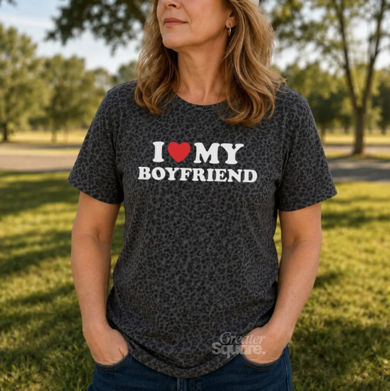 Black Cheetah I Heart My Boyfriend T-Shirt, Leopard Print Graphic Unisex Short Sleeve Tee