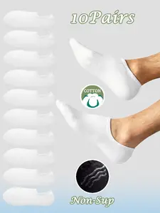10 Pairs Men's Solid Summer Breathable Business Casual Sports Non-Slip Invisible Crew Socks, Daily Wear Socks, Comfortable Cotton Material, Large Size Padding Socks