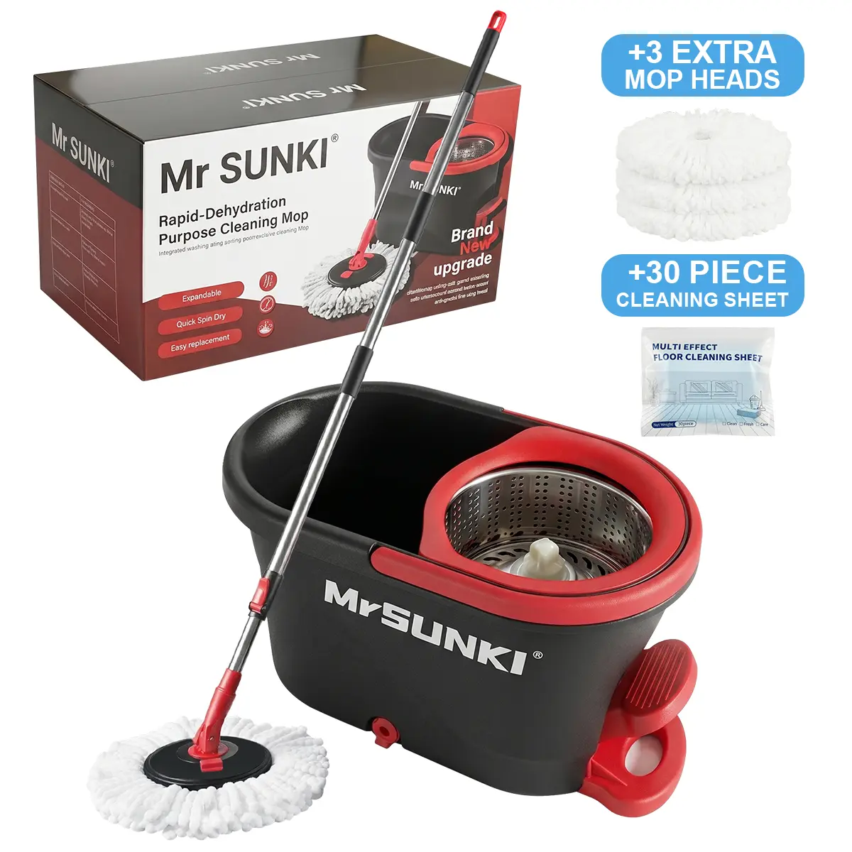 MrSUNKI Hands-Free Spin Mop & Bucket Set: 5L Stainless Steel System with 60" No-Bend Handle, 3 Mop Refills & 30 Cleaning Sheets