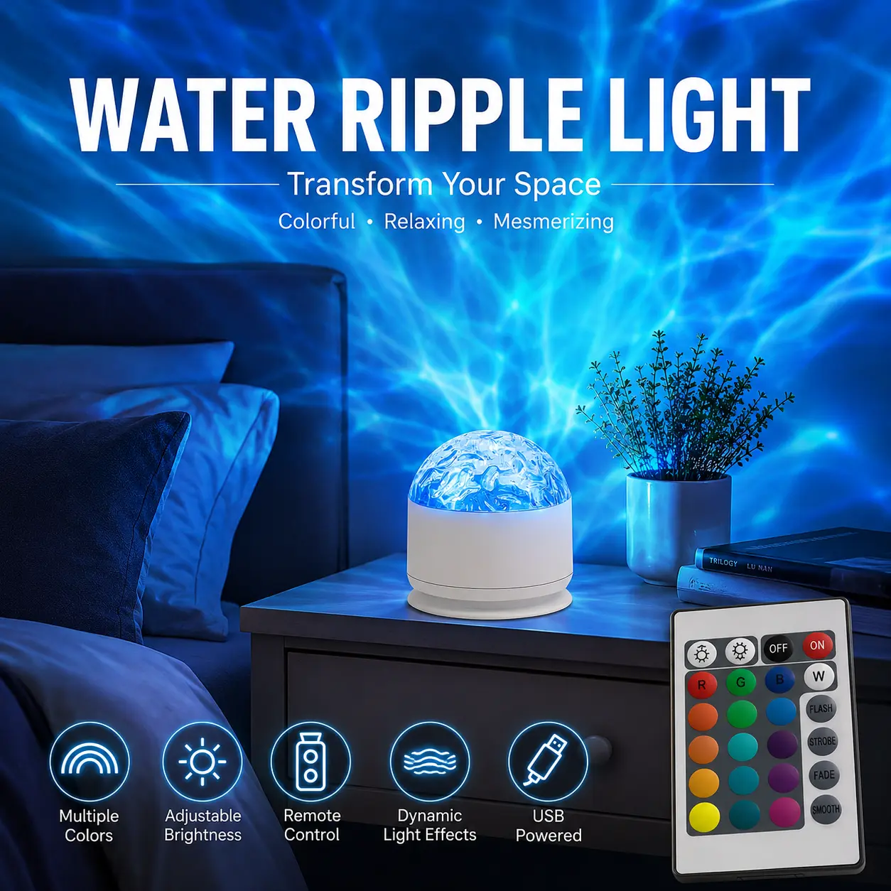 JEYUIN 16-Color Changing Star Projector with Remote Control - Ripple Design, Ocean Waves LED Lighting, 3.2 Inch Tabletop, Room Decor, Cool Gadget, Women's Gift, Back to School Audio Projector