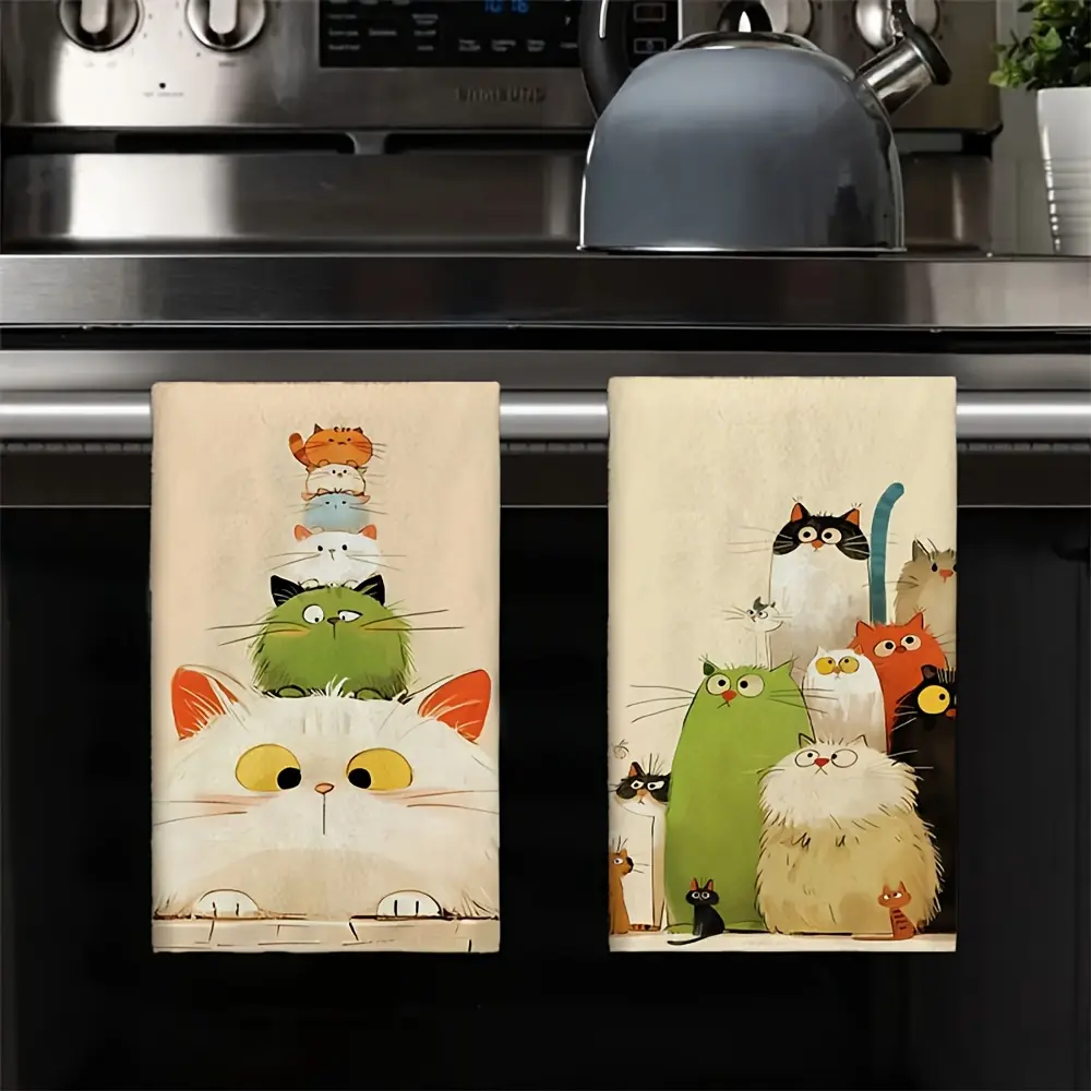 Cat Pattern Dish Towel Set, Soft Absorbent Kitchen Hand Towels, Decorative Towels, Perfect Gift for Cat Lovers, Ideal for Home & Bathroom Use