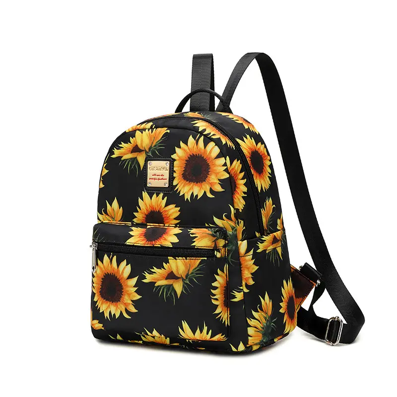 Women's Printed Black Sunflower Polyester Mini Backpack - Water-Resistant, Lightweight, Multi-Pocket Outdoor Casual Daypack for School, Travel Use