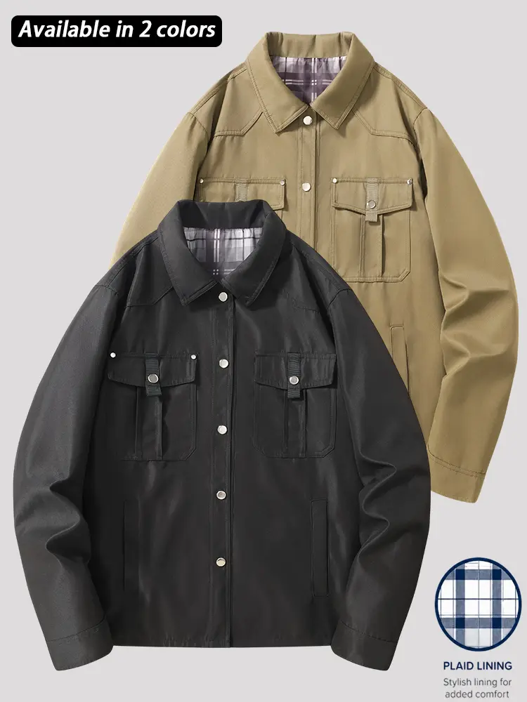 Men's Lightweight Utility Shirt Jacket, Plaid Lined Snap Button Workwear Coat with Multi Pockets, Casual Long Sleeve Outdoor Overshirt, Relaxed Fit Everyday Streetwear Outerwear for Spring Fall Winter, Khaki or Black, Travel Hiking Daily Wear, Casual Coat