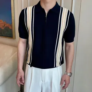 Kyn Apparel Luxury Knitted Polo Shirt Mens Striped Contrast Color Zip-up Polo Neck Tops Summer Vintage Slim Fit Short Sleeve Men Polo Shirts