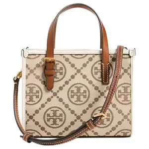 Tory Burch T Monogram 19 Mini Tote Bag with Magnetic Closure and Fabric-Leather Trim for Women in Hazelnut and Ivory