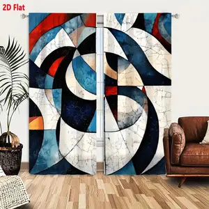 2D Flat   2-Piece Abstract Geometric Curtain Set, Blue/White/Black/Red/Orange Overlapping Shapes, Modern Avant-Garde Design with Cracked Textured Background, Dynamic Movement & Interlocking Curves, Light-Filtering & Room Decorative Curtains for Liv