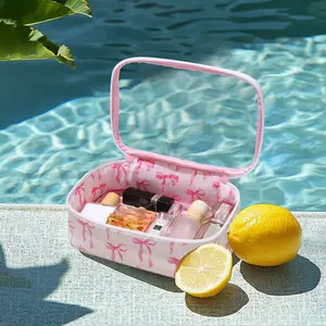 MONOBLANKS  “2025’s MUST-HAVE Bag Pink Bow Clear Makeup Bag PU Leather Cosmetic Bags Small Travel Pink Bow Bag Toiletry Preppy Portable Makeup Organizer Pouch Transparent Nylon Travel Cosmetic Case with Zipper for Women Girls