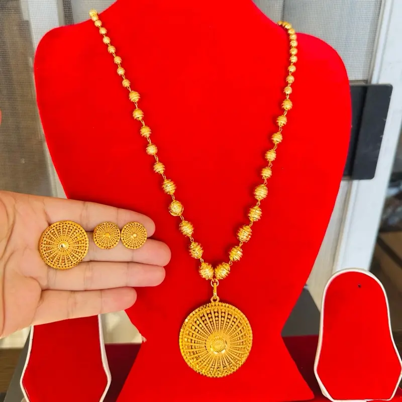 Gold plated Ball necklace in long with earrings and ring