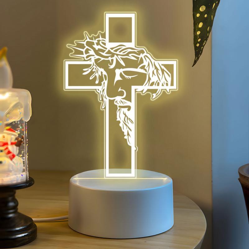Jesus Cross 3D Night Light - Christian Religious Faith LED Lamp, Catholic Gift for Men Women, Aesthetic Acrylic Room Decor for Bedroom Prayer & Church, USB Powered