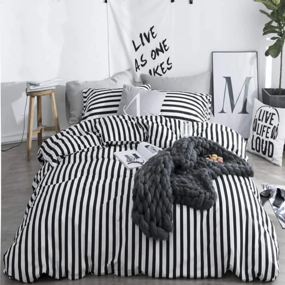 Striped Queen Comforter 3Pcs Black and White Comforter Sets Farmhouse Comforter Queen with 2 x Pillow Cases