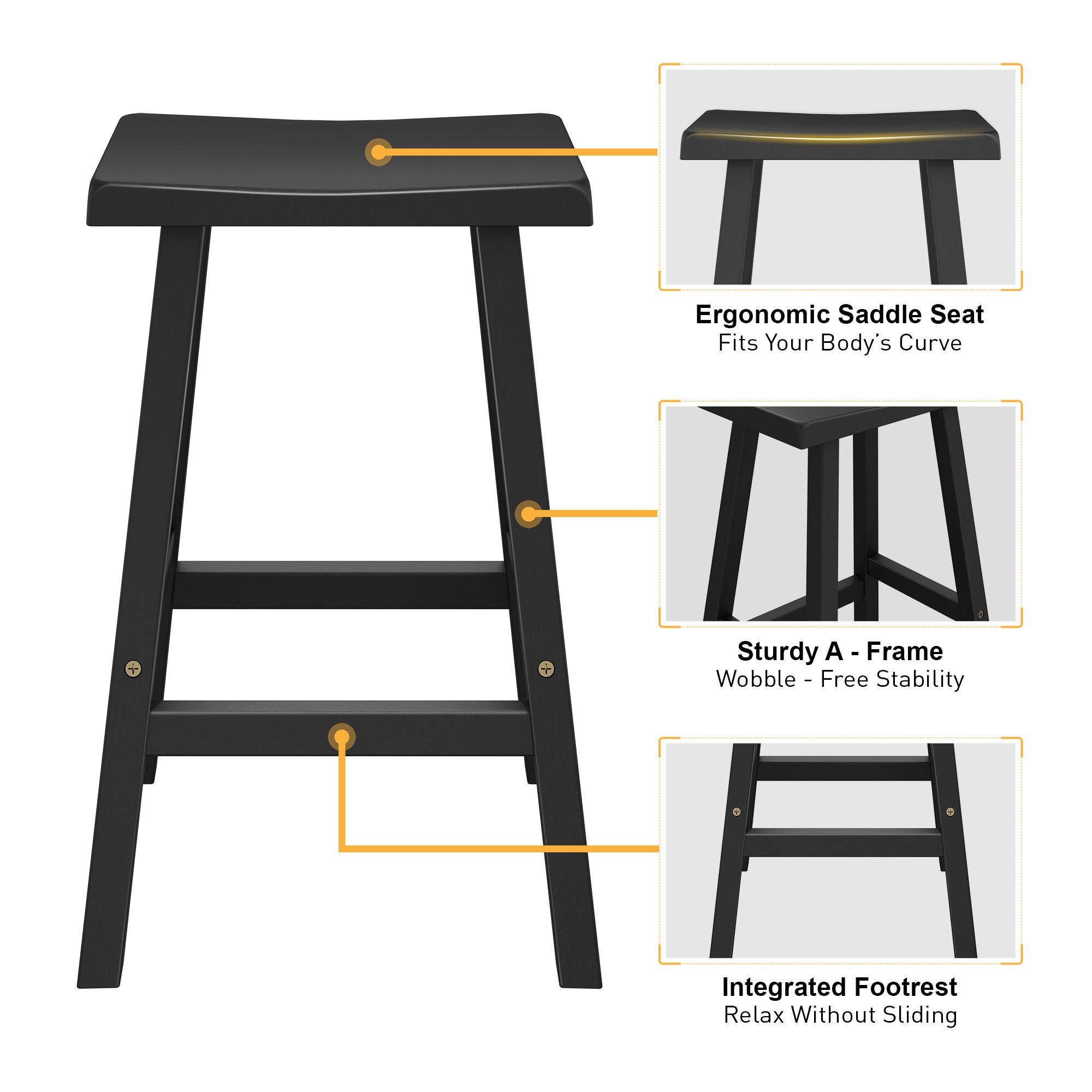 Set of 2 Wooden Saddle Bar Stools, 24 Inch Height, Seat with Footrests, Industrial Style – Kitchen Counter Stools for Restaurant, Bistro Bar, Home Dining