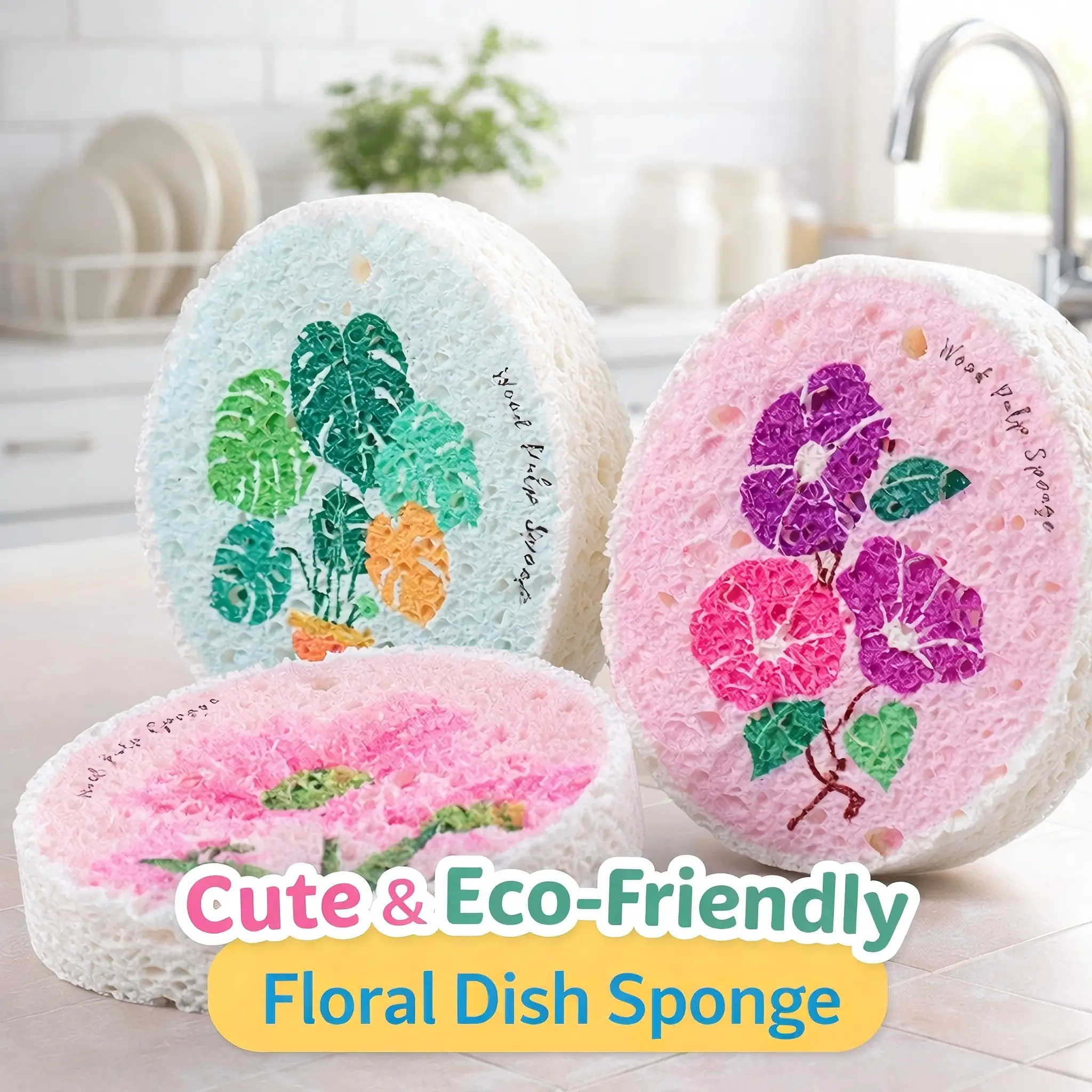 Luxury Degradable Wood Cellulose Kitchen Sponges - Cute Look Flower-Printed, Multi-Use Water Absorbent Foam Wipe, Soap-Compatible Scrubber for Dishes (N2)