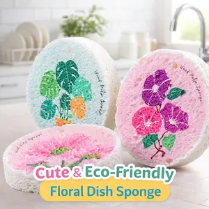 Eco-Friendly Wood Cellulose Floral Dish Sponge, Absorbent Foam Kitchen Cleaning Tool, Flower-Printed Soap-Compatible Scrubber for Dishes, Wipes (N2)