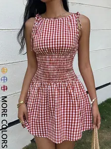 Women's Classic Gingham Print Mini Dress, Tie Shoulder Straps, Round Neck, Full Smocked Waist, Flared Skirt, Lightweight Breathable Woven Fabric, Daily Casual Vacation Date Beach Wear