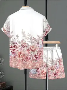 Summer men's shirt suit, featuring retro floral pattern design. Men's fashionable multi-purpose short-sleeved shirt and shorts set (2-piece), large size Clothes