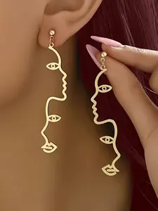 2pcs Golden Abstract Human Face Dangle Earrings - Chic & Simple Alloy Design for Casual Attire, Parties, and Gifts, Quirky Earrings