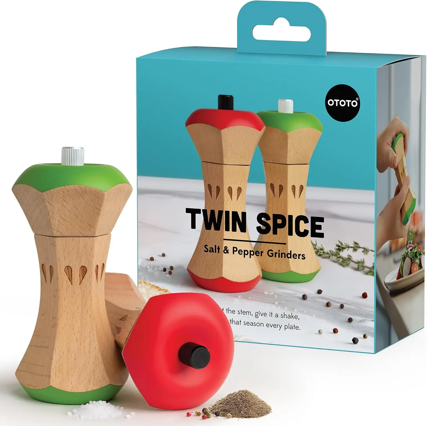 OTOTO Twin Spice Salt and Pepper Grinder Set - Unique Apple Design Manual Spice Grinder | Adjustable Coarseness Mill | Unique Housewarming Gift & Apple Lovers Gift | TikTok Must-Have | Funky Kitchen Supplies | Kitchen Accessories