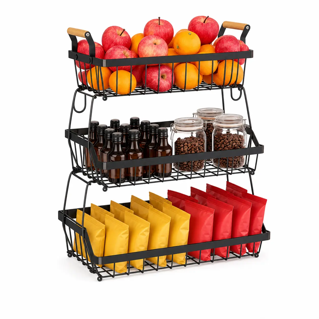 2/3-Tier Fruit Basket for Kitchen Counter, Detachable Stackable Metal Wire Produce Organizer with Wooden Handles and Side Hooks for Pantry & Snacks