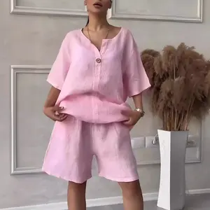Women's 2-Piece Plus Size Cotton-Linen Clothing Set, 2026 Summer Elegant Solid Loose Shirt and High-Waisted Shorts, Women's Clothes for Curvy Figures, 2 Piece Sets Women, Plus Size Clothes