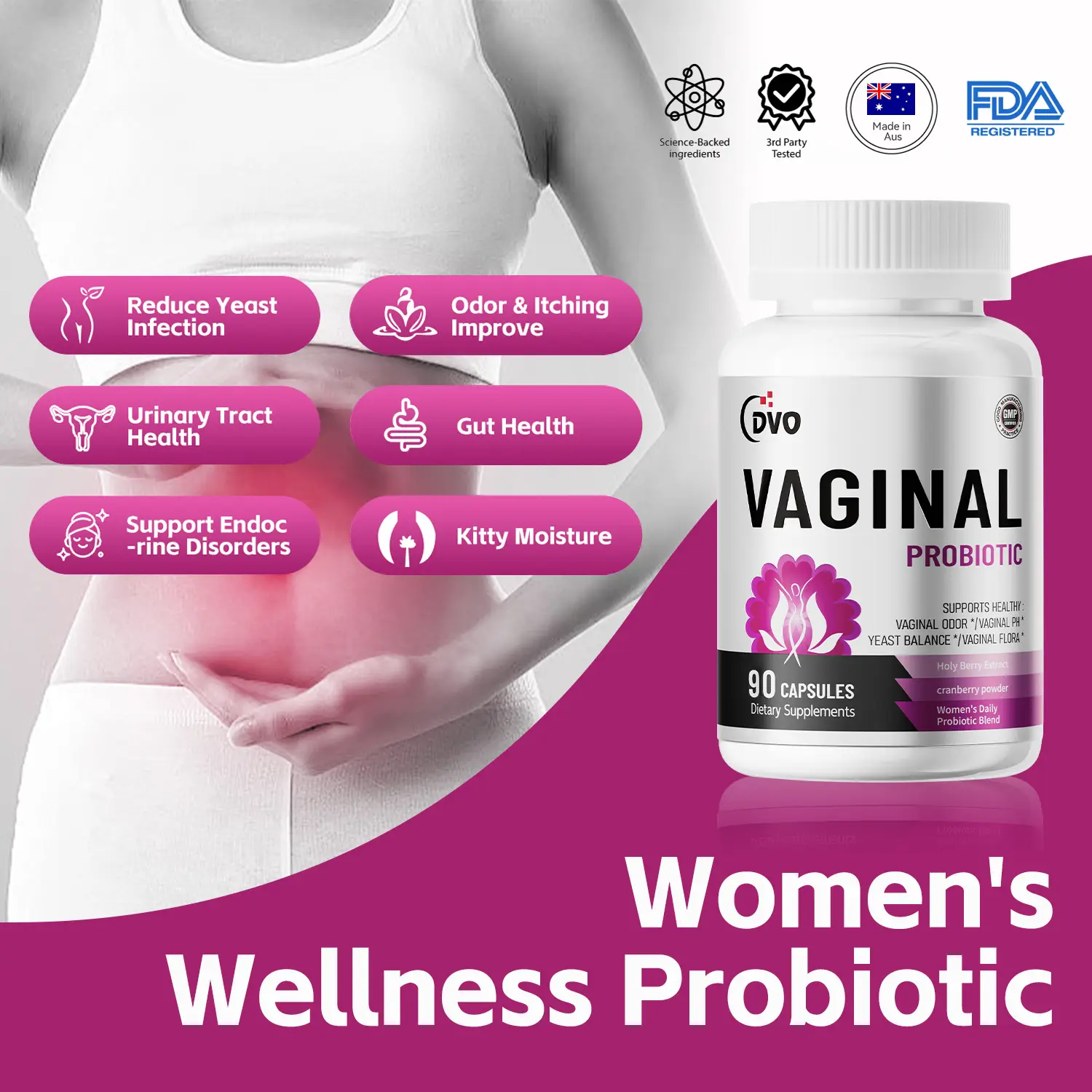 DVO Women's Wellness Probiotics for Odor Removal, Dryness, with 60 Billion Probiotic & Cranberry, Probióticos para Mujeres Urinary Health-90 Counts
