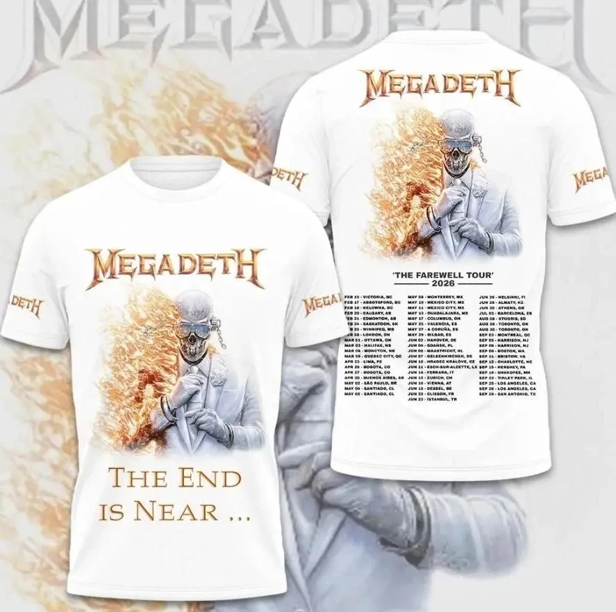 Women's Fitted Crew Neck Cotton Short-Sleeve Basic Graphic Tee - Megadeth Farewell Tour Print, White Album Thrash Chaos Design, TikTok-Inspired All-Season Top