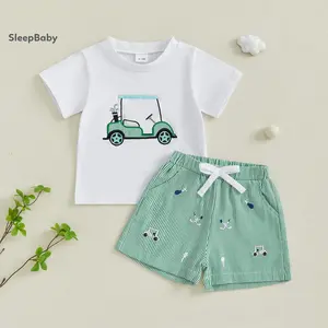 Kids Boys Shorts Set, Short Sleeve Embroidery Golf Cart T-shirt With Striped Shorts Toddler Set Summer Fashionable Outfits Embroidered Trolleys