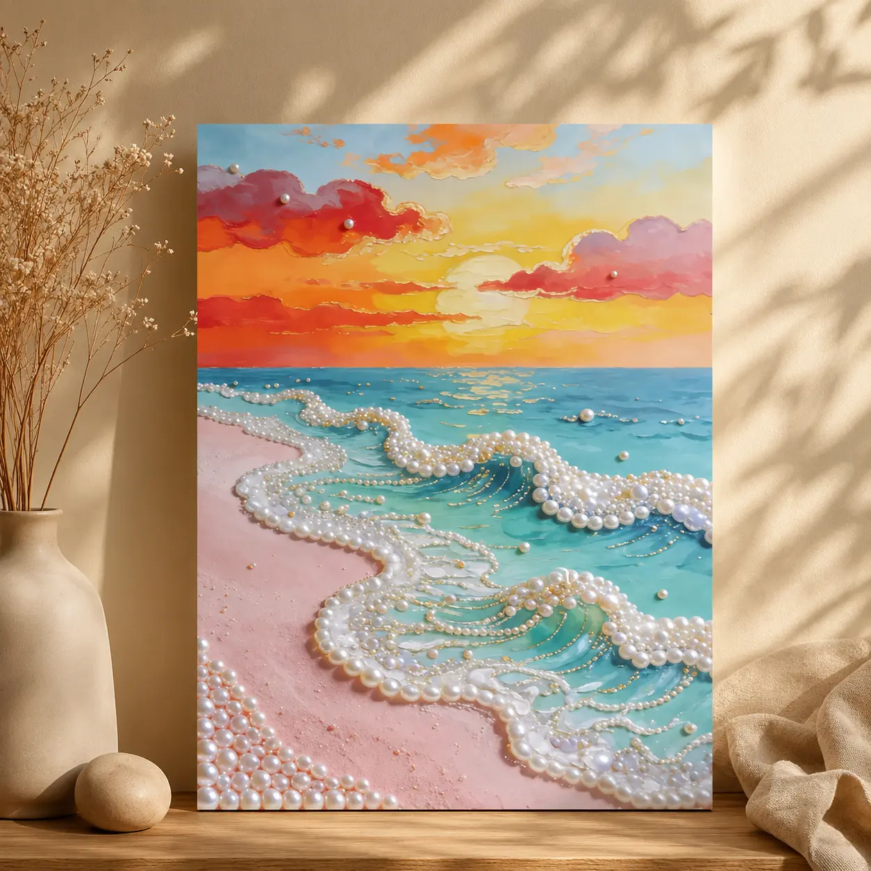 30x40cm Unisex Pearl Diamond Art DIY Kit - Warm Gradient Textured Canvas Mosaic, Breathtaking Morning Sun Waves Sparkle Bead Set, Coastal Wall Decor, Birthday Gift Ideas for Room Styling