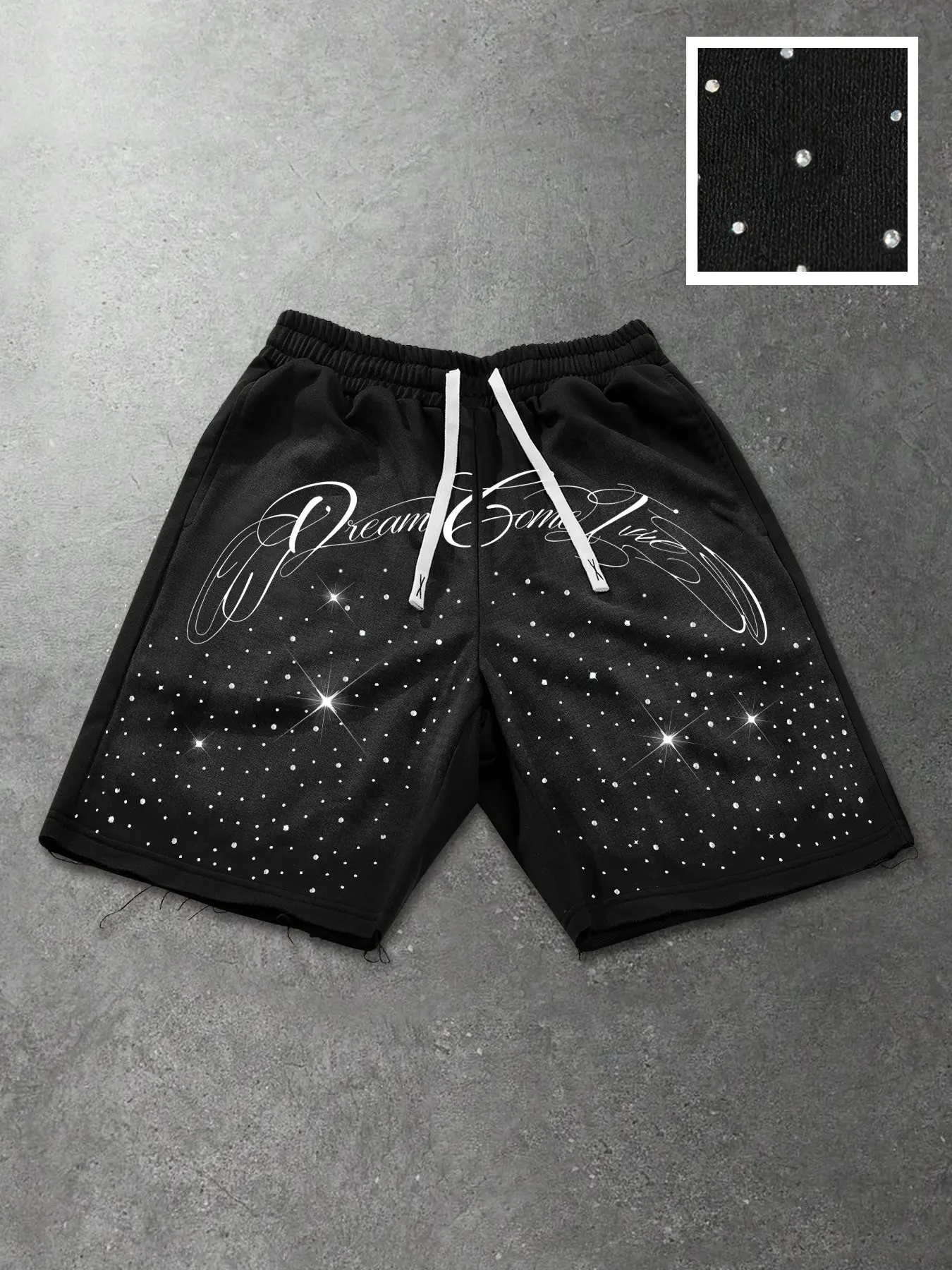 Unisex Casual Sporty Drawstring Shorts, Letter Print + Rhinestone Design, Trendy Regular Fit, Perfect for Summer Daily Wear & Outdoor Activities, Athletic Wear Shorts, Graphic Fitness Shorts