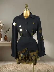 QFAF Red Two Piece Skirt Set, Chic Skirt Sets for Women 2026 Valentine’s Day Outfit, Long Sleeve Woven Button Down Shirt with Gold Disc Sequin Detail, High Waist zip Bodycon Mini Skirt Matching Set, Casual Sexy Party Night Club Dinner Look