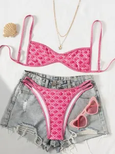 New Print Sexy Deep V Bikini Set, Women Beach Vacation Pool Party Fashion Swimwear, Stylish Swimsuit for Summer, Spaghetti Strap Bikini