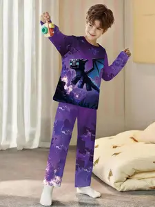 Ender Dragon Attack 2-piece boys' digital printed long-sleeve pajamas, Snug fit pajamas, with extended sleep pants, made of flame-retardant fabric, a stylish, comfortable and soft set, suitable for sleeping and home leisure, 100% polyester