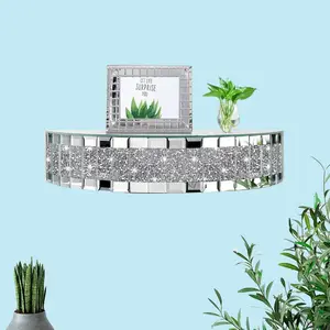 1Pc Semicircular Mirrored Floating Shelves for Wall Decor Storage, Glamorous Crystal Crush Diamond Decorative Wall Shelf, Glitter Glass Wall Mounted Shelves for Bedroom, Living Room, Bathroom, Kitchen, Office and More,  Silver