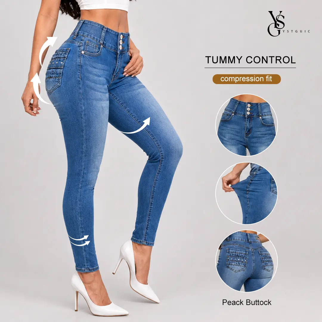 Womens Skinny Jeans Stretchy High Waist Butt Lifting 3 Button Denim Trousers Washed Slim Fit Pants with Pockets