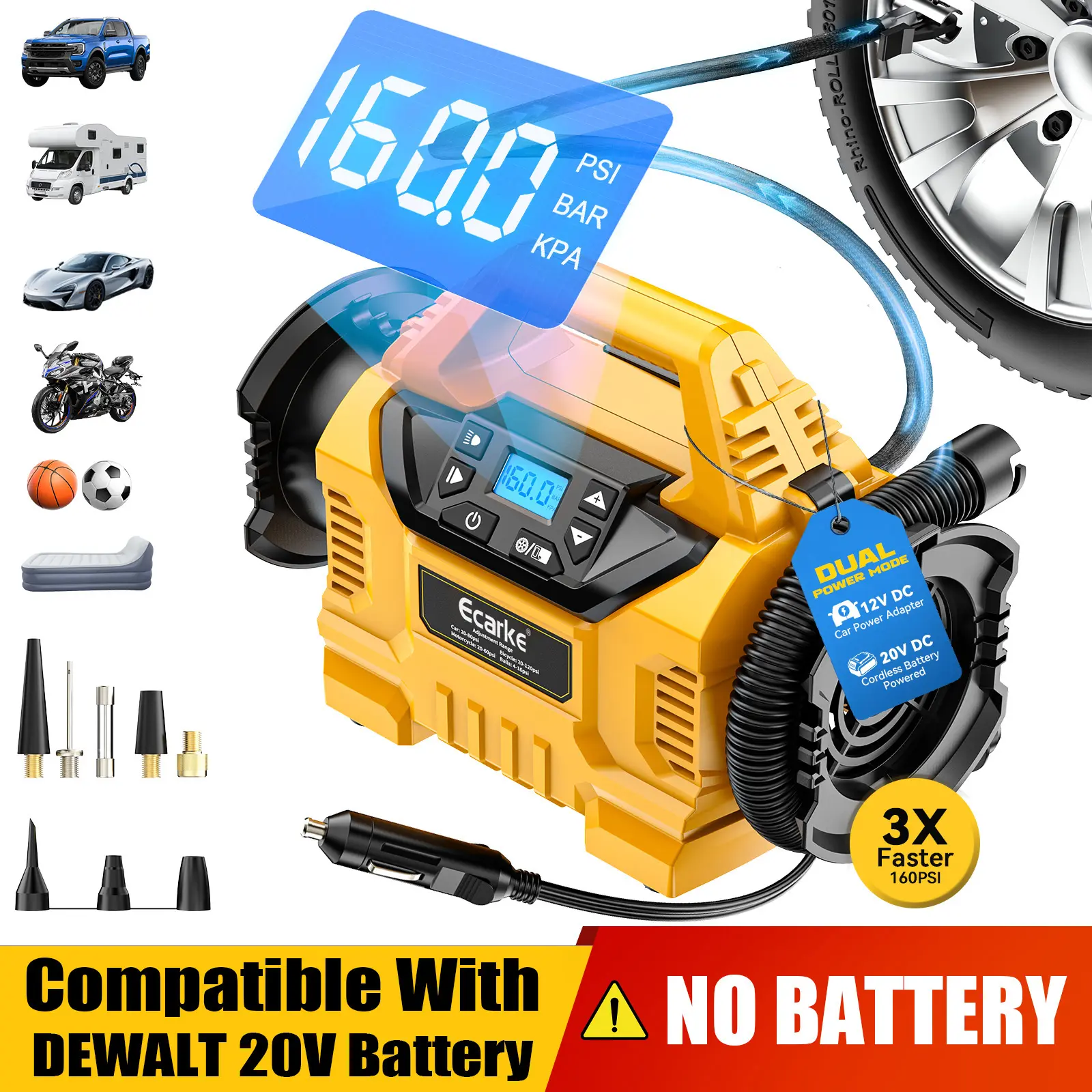 Cordless Tire Inflator-Deflator (Tool Only), 3X Faster 160 PSI Air Compressor Pump Compatible with DeWalt 20V Battery, 12V Car Adapter, LCD Digital Gauge for Cars, Air Mattresses