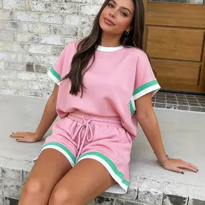 Women's 2 Piece Casual Loungewear Set Striped Trim Tee Shirt and Drawstring Shorts with Pockets Matching Summer Tracksuit Outfit