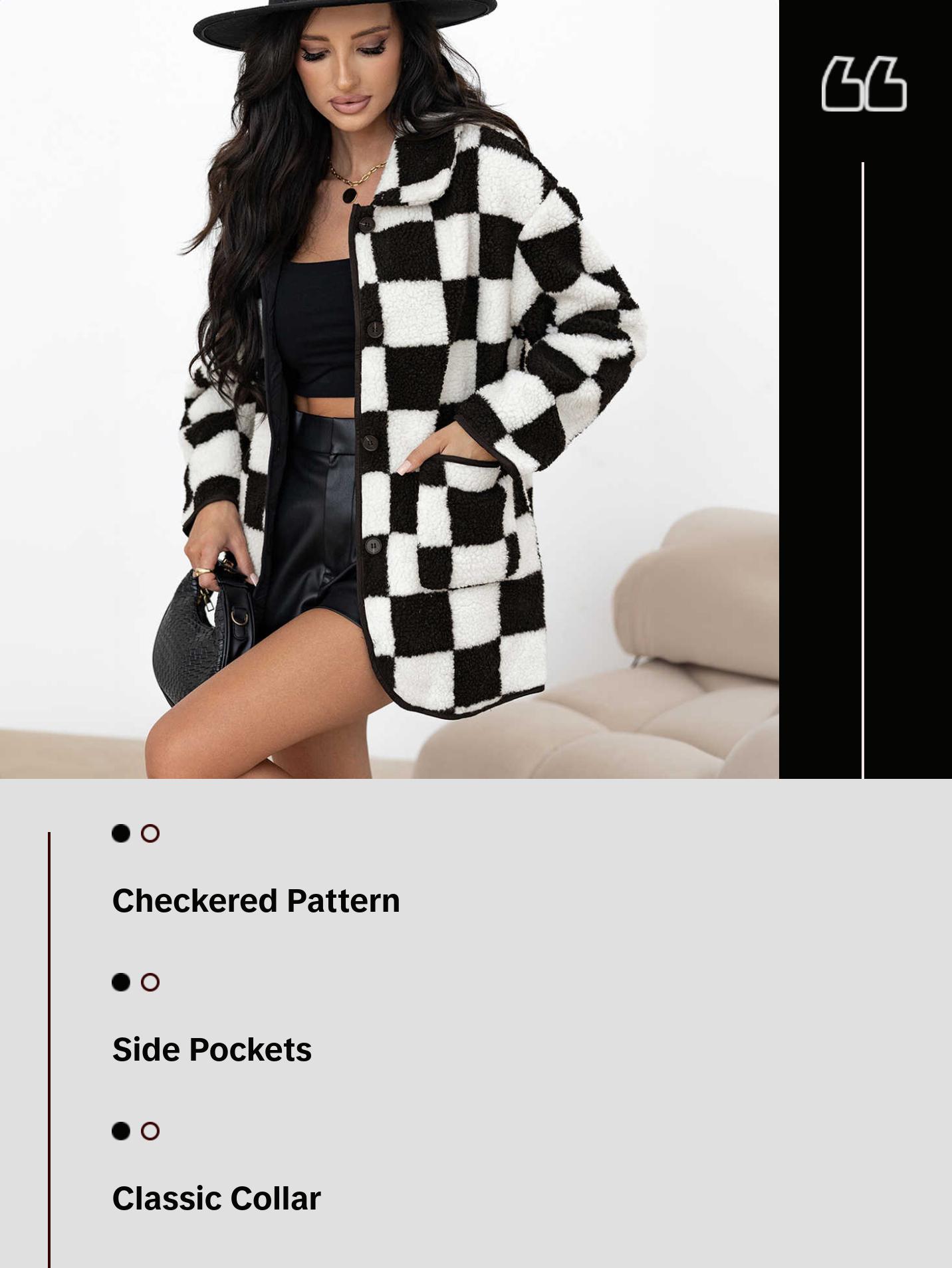 Cali Chic Women Jackets Black Checkered Side Pockets Collared Buttoned Fleece  Coats Womenswear Outerwear
