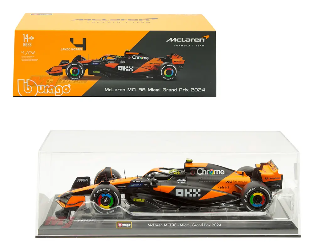 Bburago 1:24 McLaren Formula 1 Team MCL38 Miami Grand Prix 2024 #4 Lando Norris with Acrylic Case