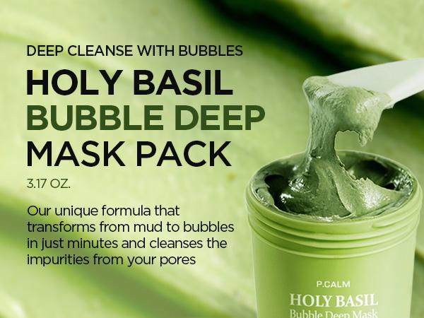 [P.CALM Official] Holy Basil Bubble Deep Mask 2EA + BRUSH – Holy Basil & Carbonated Water for Cleansing Pores & Blackheads, Korean Clay to Bubble Wash-Off Pack (2EA x 90g)