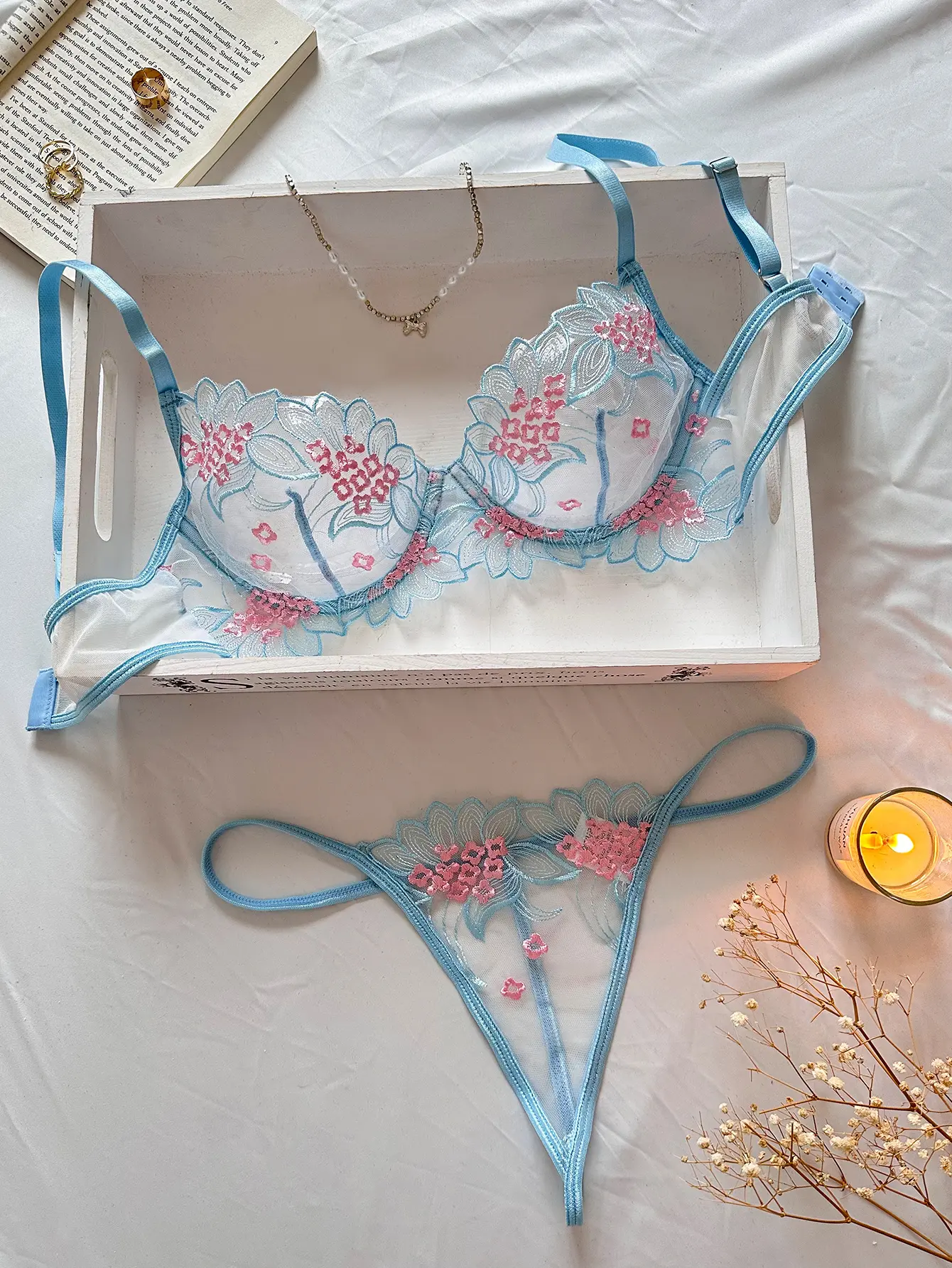 Women's Elegant Casual Lingerie Set - Baby Blue, V-Neck, 3/4 Coverage, Transparent Mesh Straps, Contrast Floral Embroidery Lace Panels, Everyday Wear, Ideal Gift for Her - TikTok Shop Women's Elegant Casual Lingerie Set - Baby Blue, V-Neck, 3/4 Coverage, Transparent Mesh Straps, Contrast Floral Embroidery Lace Panels, Everyday Wear, Ideal Gift for Her - TikTok Shop