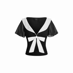 Cider Chiffon Colorblock Collar Ruffle Sleeve Ruched Bowknot Blouse