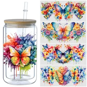 Butterfly UV DTF Transfer Stickers 5pcs for Glass Tumbler Waterproof Decals Plastic Adhesive Labels for Bottles Cups Decor Supplies 9.4x4.3inch Easy Application 3D Effect Decoration Items Flower