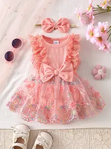 Baby Girl Lace Embroidery Mesh Dress Set with Bow Headband, Ruffle Sleeves, Sweet Princess Floral Party Dress