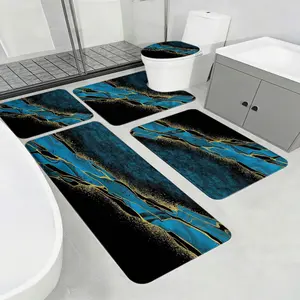 3/5Pcs Teal Black Gold Marble Bathroom Rug Set, Luxury Abstract Fluid Art Non-Slip Absorbent Bathroom Floor Mat, Toilet Lid Cover & U-Shaped Mat, Modern Glam Bathroom Decor for Home, Bathroom Rugs Set