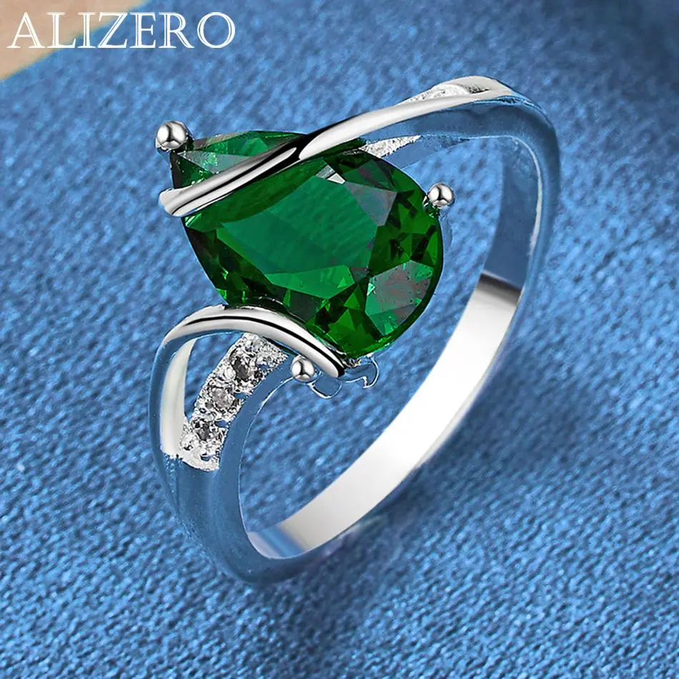 ALIZERO 925 Sterling Silver Rings Emerald Ring For Women Engagement Rings Eternity Band Green Crystal Zircon Ring Jewelry Gift