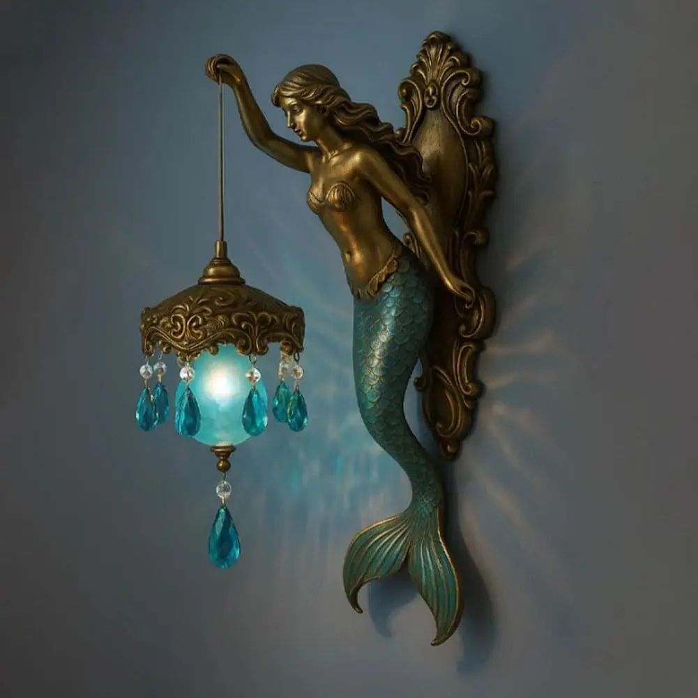 Vintage Ocean Theme Mermaid Wall Lamp Elegant Dreamy Bronze Bedroom Bedside Lamp Indoor Lighting Bedroom Dining Room Decoration, Mermaid Wall Lamp Door Window Decorations Home Creative, Decorative Wall Light